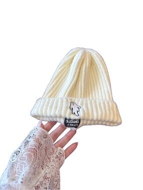 Ivory Ribbed Knit Beanie with Playful Ghost Patch - Men Accessories Hats